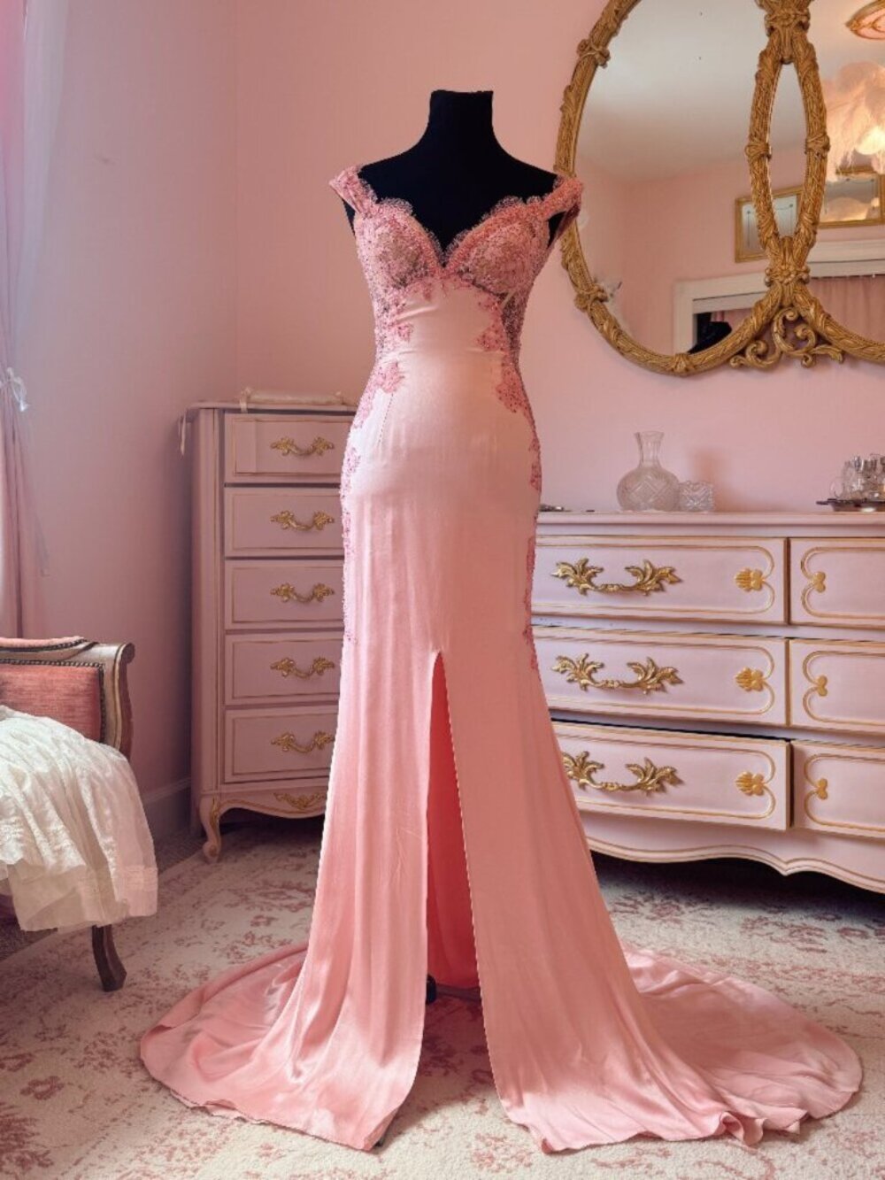 Vintage Jovani Pink Silk and Sheer Illusion Lace Gown
